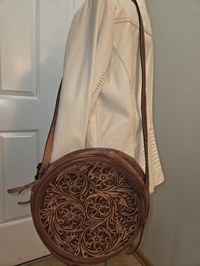 American Darling Brown Tooled Leather Round Crossbody Bag